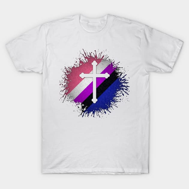 Paint Splatter Gender Fluid Pride Flag Cross Symbol T-Shirt by LiveLoudGraphics